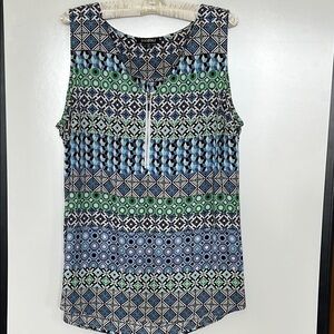 Roz & Ali Blue Sleeveless Tank Top with Geometric Patterns